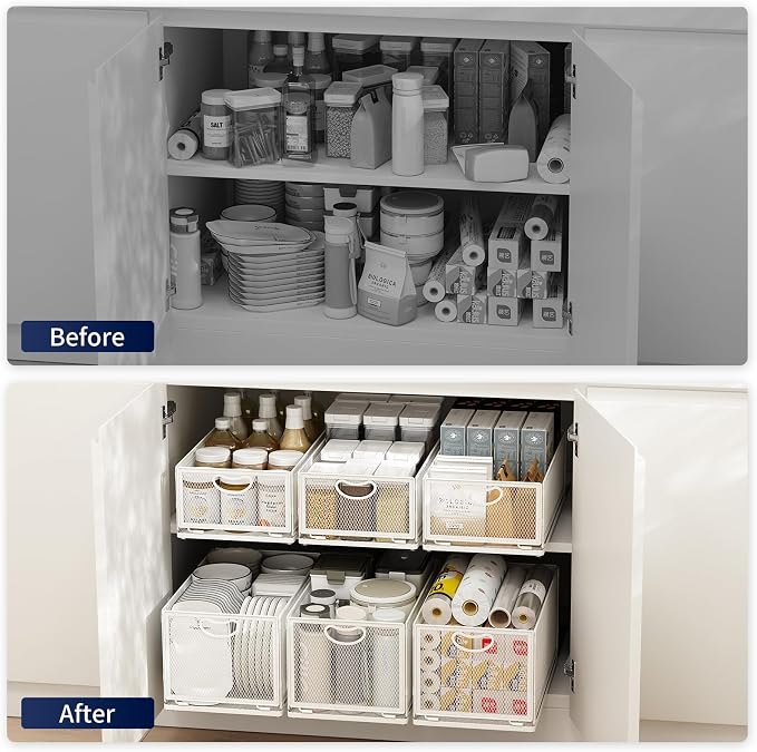 2 Pack Pull Out Cabinet Organizer, No Drill Adhesive Sliding Drawers for Kitchen, Metal Mesh Wire Storage Shelf for Pantry & Under Sink, White (9.6" W x 15.7" D x 8.4" H)