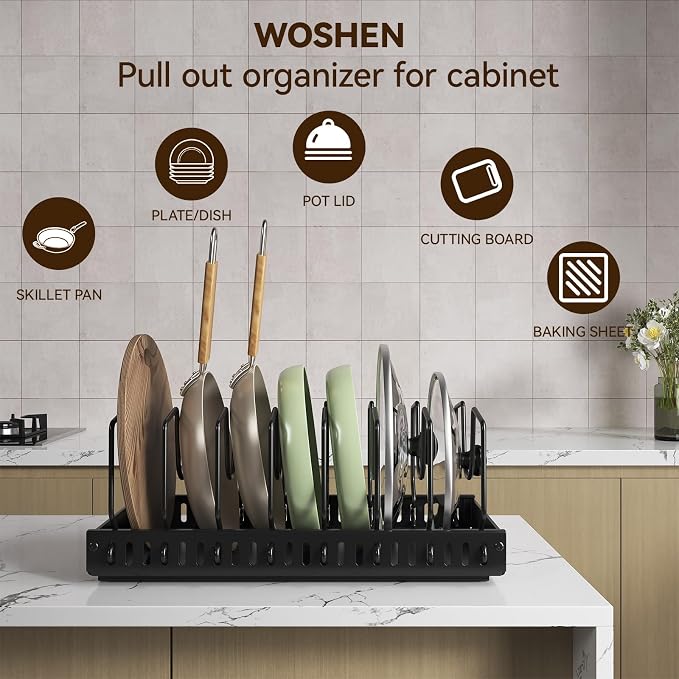 Pull Out Pot Lid Organizer, Cabinet Pan Rack, 10 Dividers | 2-pack black carbon steel rack, 16 adjustable dividers, quiet slide rails, adhesive or screw mount for lids, pans, bakeware
