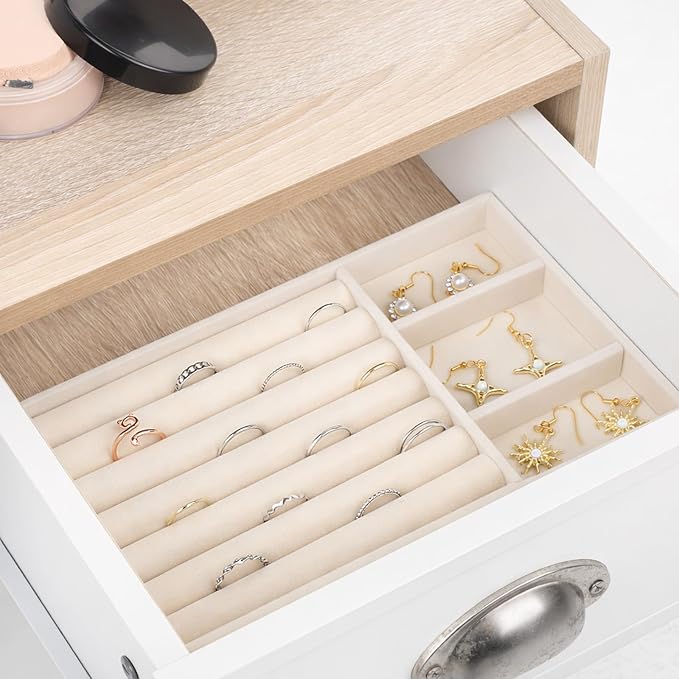 Jewelry Box Insert Organizer for Drawer, Stackable Trays Velvet Jewelry Drawer Inserts, Ring Earring Stud Necklace Holder Display Storage Case(Beige, 8.3 x 4.9in)