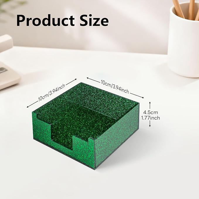 Acrylic Sticky Note Holder 4x4in Tray for Desk, Green Glitter | Sparkling glitter acrylic tray, fits 3x3 sticky notes, compact organizer for office school and home