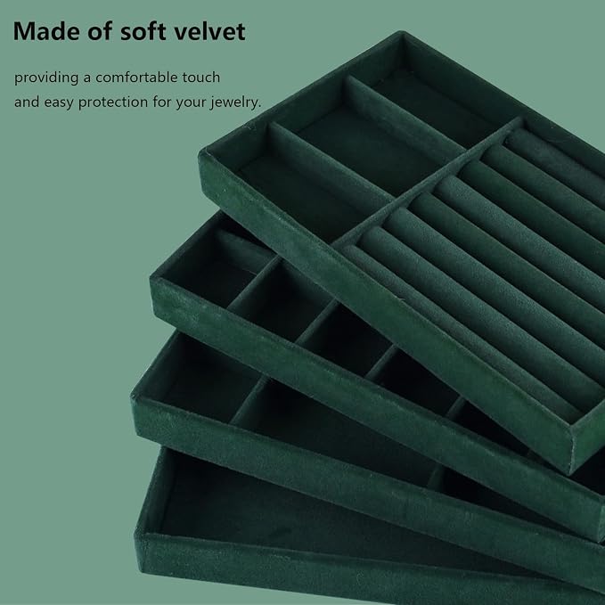 Stackable Jewelry Organizer Trays for Drawer, Set of 4 Velvet Jewelry Drawer Inserts in Dresser, 8in Storage Display Case for Rings Stud Necklaces Accessories(Green)