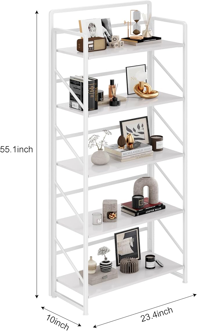 JSB No Assembly Folding Bookshelf, 5 Tier Industrial Metal Book Shelf for Storage, Vintage Wood Foldable Bookcase for Living Room, Bedroom, Office Organization Shelves