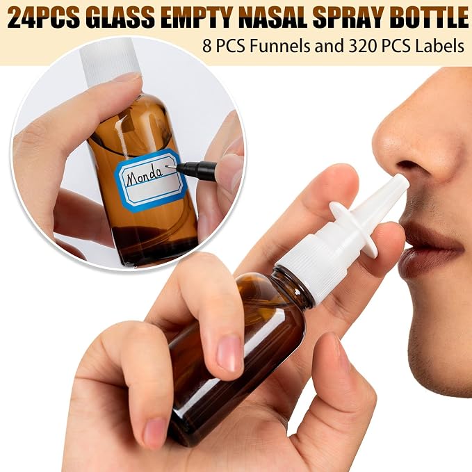 40 Pcs Nasal Spray Bottle Empty, Brown Glass Refillable Fine Mist Nasal Spray Bottles with 8 Funnels and 8 Labels (30ML/1oz)