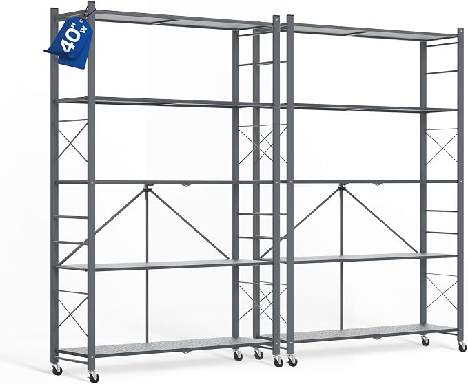 ALANNG 40" W Foldable 5-Tier Storage Shelves on Wheels Adjustable | Removable Metal Rack, Heavy Duty Rolling Organizer for Kitchen, Garage, Closet, Pantry, and Office (Grey,2 Pack)