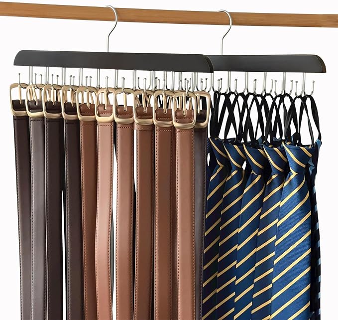 2 Pack Belt Hanger for Closet Organizer,Belt Organizer for Closet | Wooden Belt Storage Organizer with 20 Metal Hooks for Space Saving,Foldable Belt Holder for Belts,Tank Tops,Ties(Black)