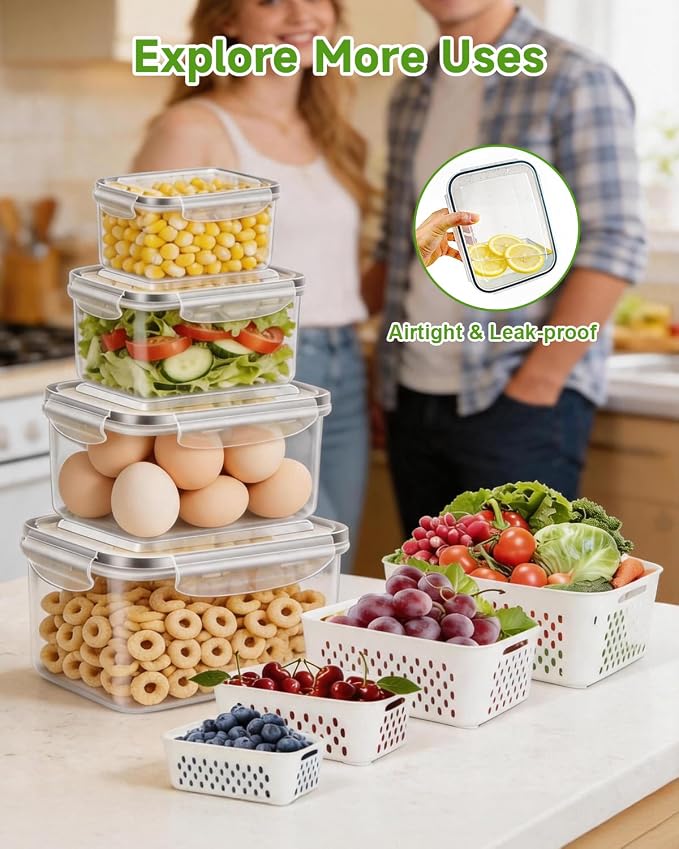4 Pack Fruit Storage Containers for Fridge Fresh Produce Saver Berry Keeper | Airtight Food Container Set with Colander Lettuce Keep Fresh BPA Free Plastic Refrigerator Organizer Freezer Dishwasher Safe