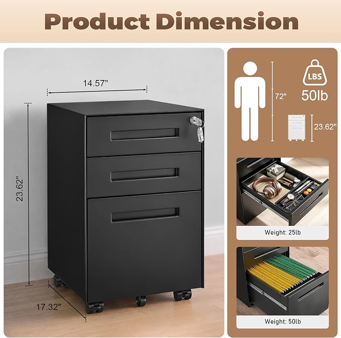 Approgreent Fully Assembled Home Office Filing Cabinet with Lock | Mobile File Cabinet with Anti-tipping Wheels, Fits A4, Letter & Legal Size Files & Folders, Matte Black