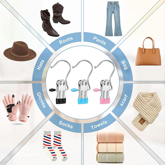 Boot Hangers Clips for Closet, Laundry Hooks Hanging Clips Clothes Pins Boot Holder Clips Space Saving Portable for Travel Tall Boots Socks Towel Jeans Hats (12, Multi)