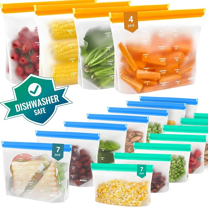 IDEATECH Freezer Bags, Food Storage Containers Dishwasher Safe, Leakproof BPA Free Food Bags Various Size,Gallon, Sandwich, Snack Bags, Reusable Bags for Meals,Lunch,Home Organization Travel(18Pack)