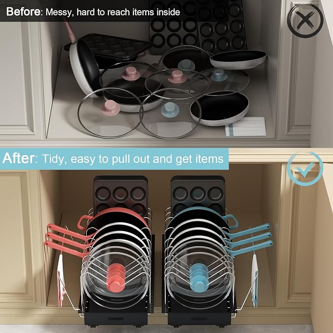 Golener Pots and Pans Organizer Under Cabinet, 22" Deep Expandable, 2 Pack | Pot Organizers inside Cabinet with 10 Adjustable Dividers & Handrail, No Drill Pot Lid Holder, Sliding Pot Lid Holder