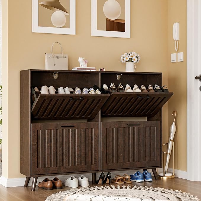 Shoe Storage Cabinet with 4 Flip Drawers, Modern Freestanding Organizer with Adjustable Shelf, Narrow Shoe Rack Cabinet for Entryway, Walnut