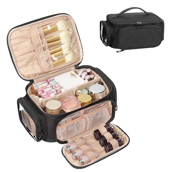 OCHEAL Makeup Bag,Travel Makeup Organizer Bag for Women with Zipper Pouch and Side Pocket, Multifunctional Compartments and Dividers,Toiletry Make up Case for Toiletries, Brushes & Beauty Tools-Black