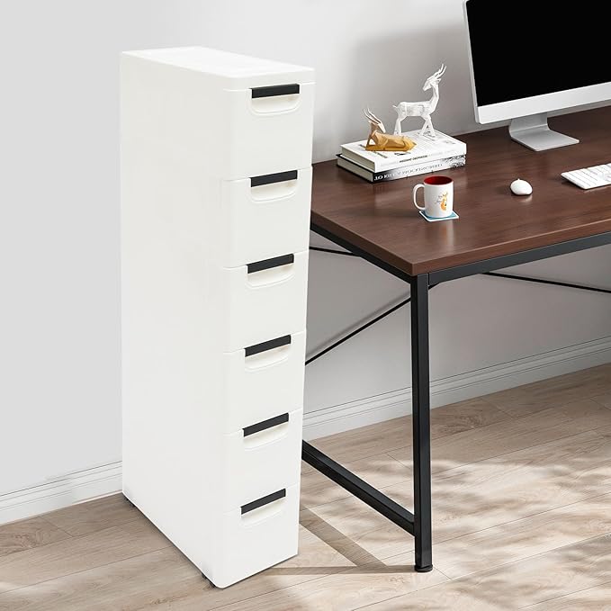 6 Drawers Narrow Storage Cabinet, Stackable Plastic Storage Tower Slim Utility Organizer for Kitchen Bathroom Living Room Office (White)