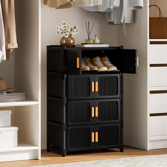 Shoe Rack, 5 Tier Shoe Storage Cabinet with 4 Doors, 15 Pair Plastic Shoe Cabinet with Waterproof, Outdoor Shoe Shelves Organizer for Entryway, Bedroom, Hallway,Living Room, Black