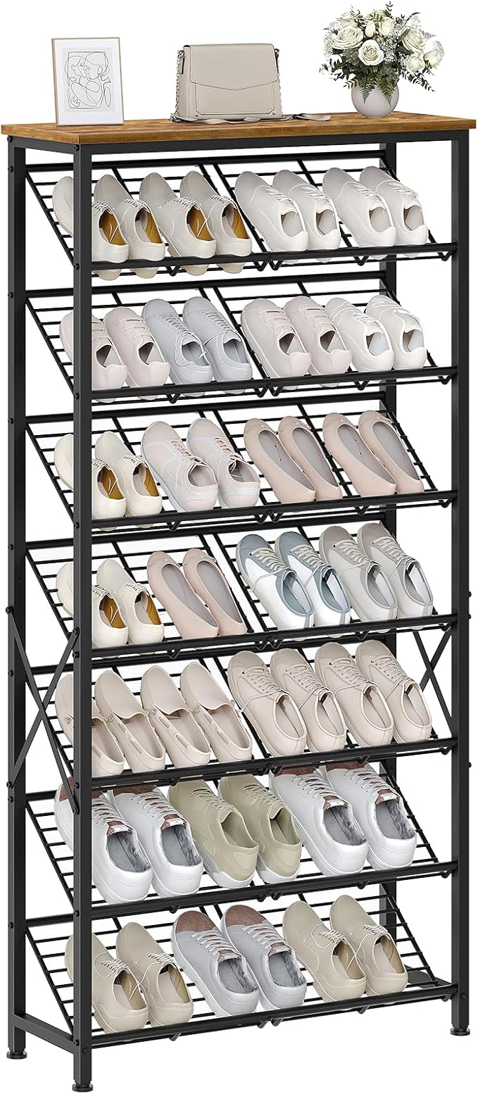 YATINEY 8-Tier Tall Shoes Rack, Slim Shoe Organizer for Entryway, Large-Capacity Thin Shoe Rack for Closet, Narrow Shoe Storage Shelf Holds 24-32 Pairs, Space Saving, Black and Rustic Brown SS26BR
