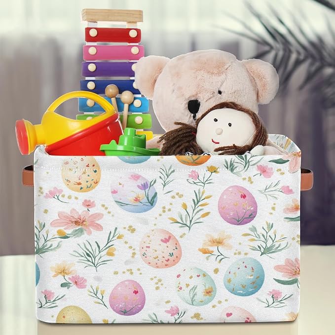 Cube Storage Bins for Shelves, Easter Eggs Flower Print Collapsible Fabric Toys Storage Basket Box with Handles for Home Office Bedroom Closet