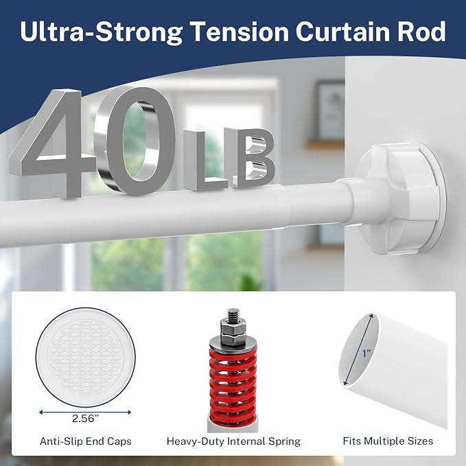 Heavy Duty Tension Shower Curtain Rod 48-74 Inch White | Rustproof Steel, Drill-Free Mount, Adjustable Rods for Bathroom Sliding Door Patio Living Room, Non-Slip No-Tools Install