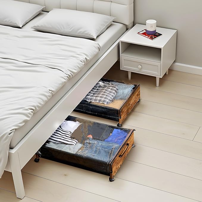 VEVOR Under Bed Storage with Wheels, 36.0 x 18.1 x 7.3 inch, Underbed Containers with Clear Lid, Underbed Shoe Organizer, Rolling Under the Bed Storage Bins for Clothes Shoes Blankets Bedroom, 2 Pack