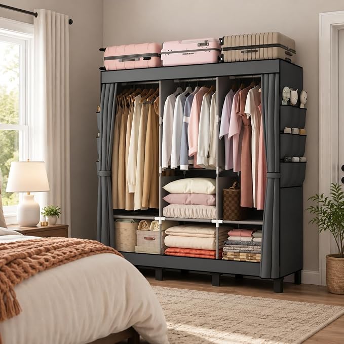 Portable Closet Wardrobe Closet for Hanging Clothes with 3 Hanging Rods for Bedroom, Non-Woven Fabric Clothes Closet for Living Room Easy Assemble