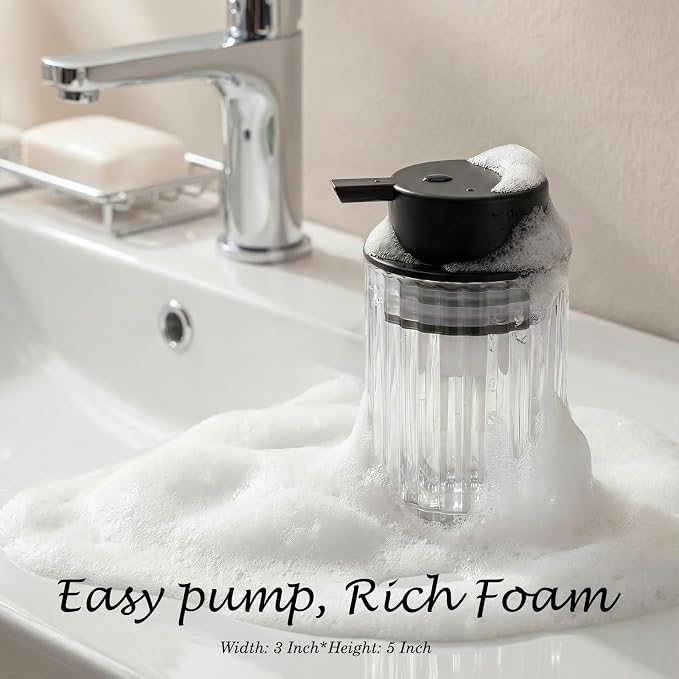 Amolliar Foaming Soap Dispenser, Plastic Pump & Glass Soap Bottle, Refillable 8OZ Hand Soap Dispenser, Dish Soap Dispenser for Kitchen, Bathroom Accessories Set, Home Decor Dispenser (Black 2 Pack)