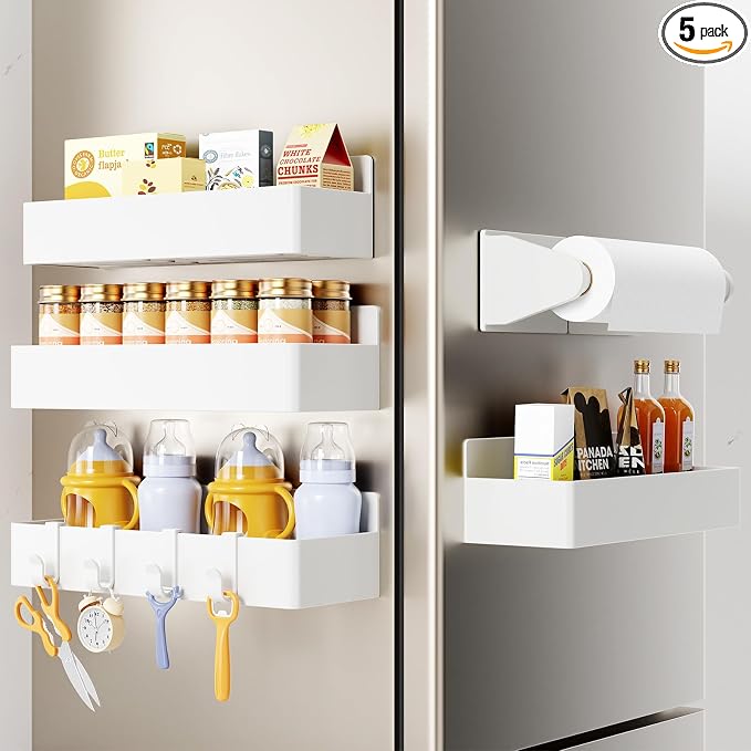 Mystozer Magnetic Spice Rack for Refrigerator, 4 Pack Magnetic Shelf and 1Pack Paper Towel Holder,Fridge Organizers and Storage White(5 Pack)