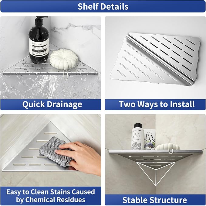 Corner Shower Shelf 10" Brushed 304 Stainless Steel Slot Design Recessed Corner Shelf Bathroom Grout in Shelf for Tiled Wall