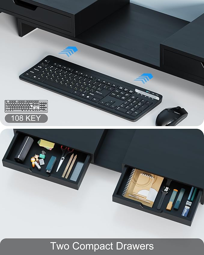 Epesoware Dual Monitor Riser with Two Drawer for Desk, No Assembly Required | Premium Bamboo Dual Monitor Stand with Storage, Desk Monitor Shelf for Computer, IMac & Laptop, Desk Organizer, Black
