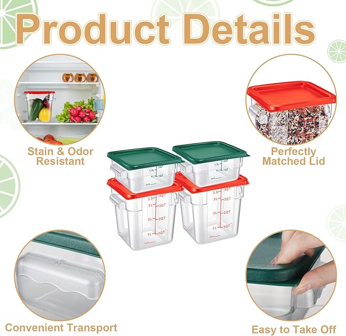 Barydat 4 Pcs Square Food Storage Containers with Lids Measurement Scales, 2qt & 4qt Clear Plastic Stackable Containers for Dough Proofing Baking Kitchen Restaurant and Pantry Organization(Red Green)