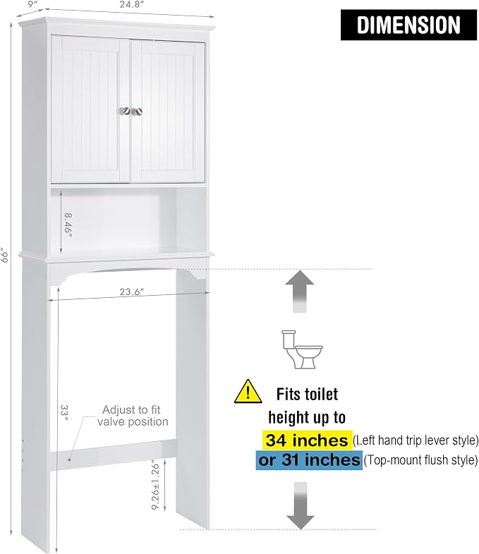 Spirich Over The Toilet Storage Cabinet with Doors, Bathroom Organizer | White, Adjustable Shelf, Anti-Tip Fitting, FSC-Certified MDF, Beadboard Design, 33.3" Toilet Clearance, Adjustable Crossbar
