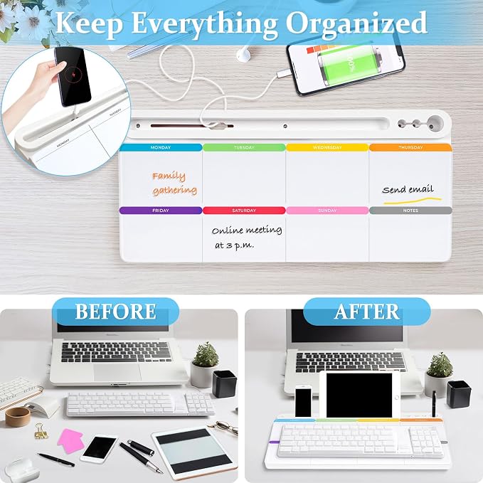 DOLLAR BOSS Glass Desk Whiteboard Calendar Small Dry Erase Board Desktop White Board with Storage Drawer Computer Keyboard Stand Desk Organizer, Colorful Weekly Calendar, White
