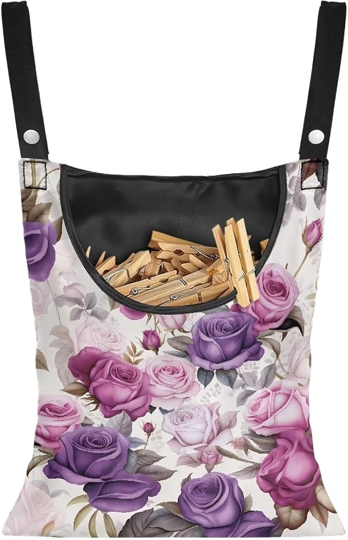Purple Rose Handy Laundry Clothespin Bag Holds 100 Medium-Sized Clothes Pins, Waterproof Polyester Material, 2 Ropes for Hanging and Effortlessly Sliding on Clothesline