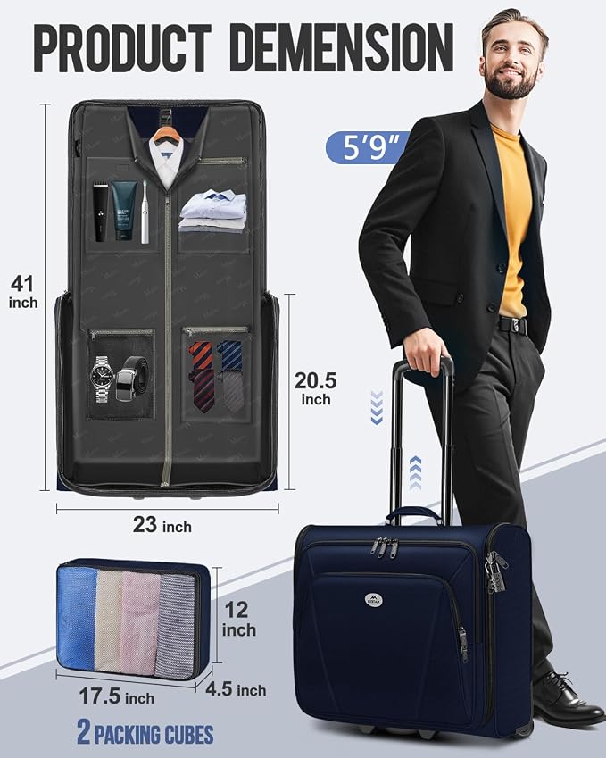 MATEIN Rolling Garment Bags for Travel, Large 2-Wheeled Suit Carrier, Blue | Foldable Travel Suit Bag with Wheels, 2 Packing Cubes, Check-in Suitcase Luggage, For Business Trips, Fits 17.3 Inch Laptop
