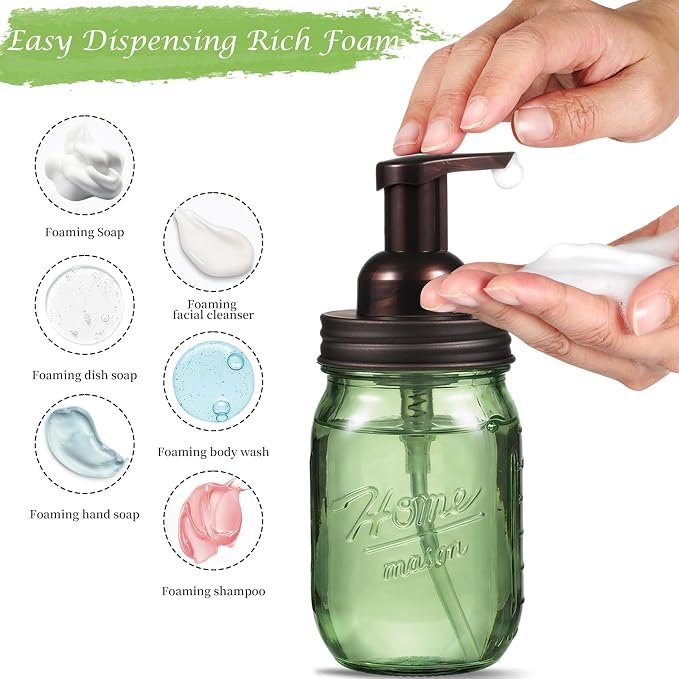 Amolliar Mason Jar Foaming Soap Dispenser, 16OZ Green Glass Hand Soap Dispenser, Plastic Pump & Stainless Steel Lid, Kitchen Dish Soap Bathroom Accessories, Farmhouse Soap Pump Bottle, Bronze 1 Pack
