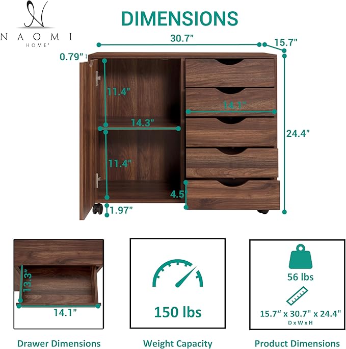 Naomi Home Wooden 5 Drawer Dresser with Cabinet Shelves and Wheels, Drawer Dresser for Bedroom Closet and Dressing Room Storage in Brown Oak