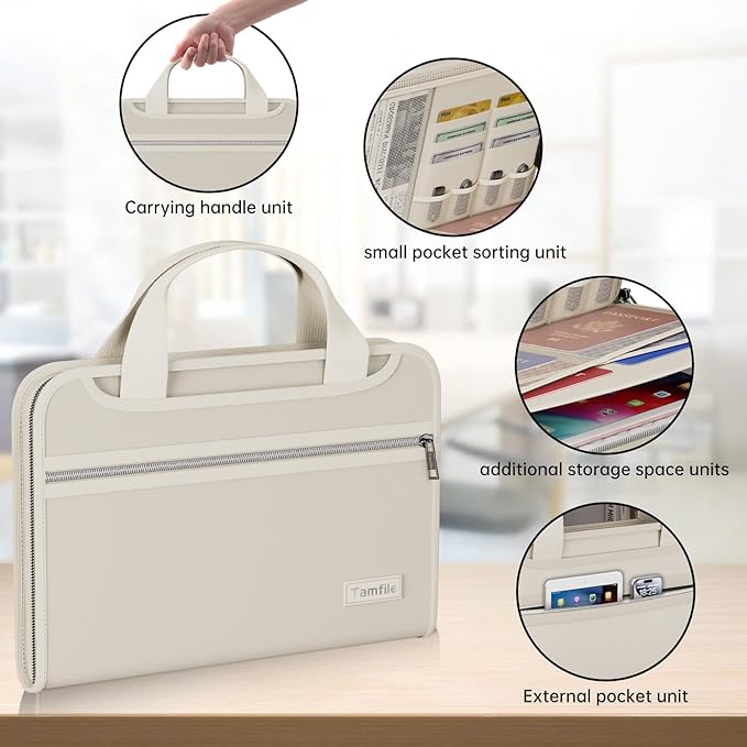 Waterproof Fireproof Accordion File Organizer with 13 Pocket Expanding File Folder for Letter A4 Files (Colorful, Pockets, Beige with Handle)