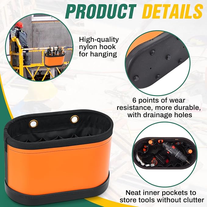Oval Hard Bucket Tool Organizer, Utility Plastic 14 Pocket Polypropylene Tool Bucket Bag with Hook and Drain Holes for Home Garage Light Trade Lineman Tools, Without Stand