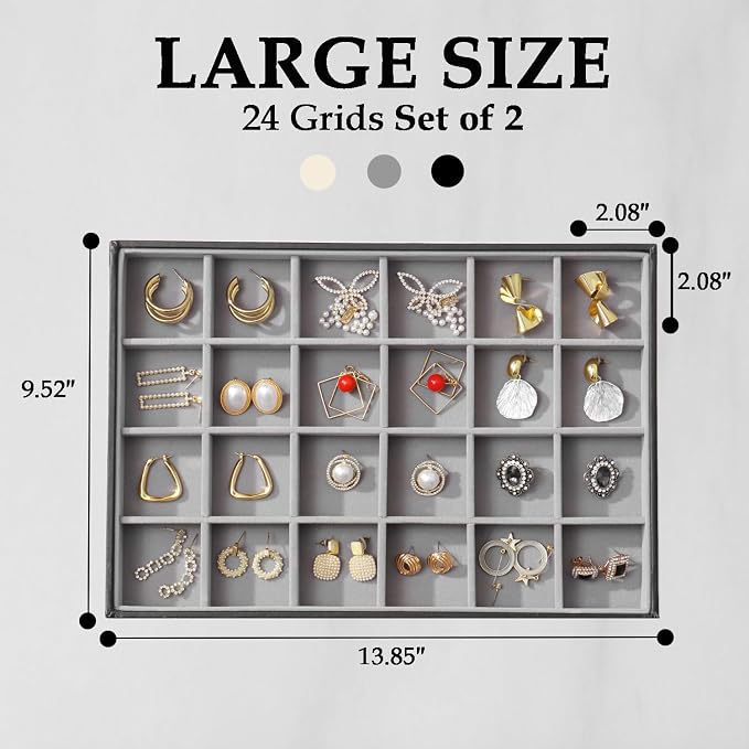 Large Jewelry Organizer Tray 2 Pack, Stackable Jewelry Storage Holder for Drawer Inserts, PU Leather Velvet Jewellery Display Case for Earring Bracelet Necklace Ring (Black Gray, 24 Grids)