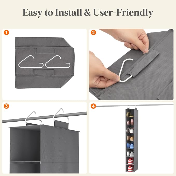 Lifewit 8 Section Hanging Shoe Organizer for Closet, Folding Shoe Racks, Fabric Shoes Storage with Two Hangers, Closet Organizers and Storage for Wardrode, Dorm, 11.8" L X 5.9" W X 41" H, Gray