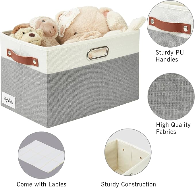 Bagnizer Large Collapsible Fabric Storage Bins with 3 Handles, Foldable Organizer Baskets for Closet, Shelves, Living Room | 3 Pack, Durable PU & Metal Handles (14.9"x9.8"x9.8", Gray & White)