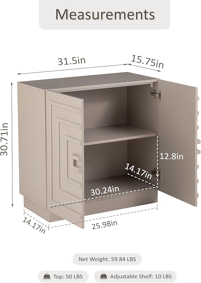 Aoikax Modern 2-Door Storage Cabinet, Sculptural Rustic Cabinet with Geometric Square Pattern, Contemporary Accent Cabinet for Bedroom, Living Room, Taupe Color