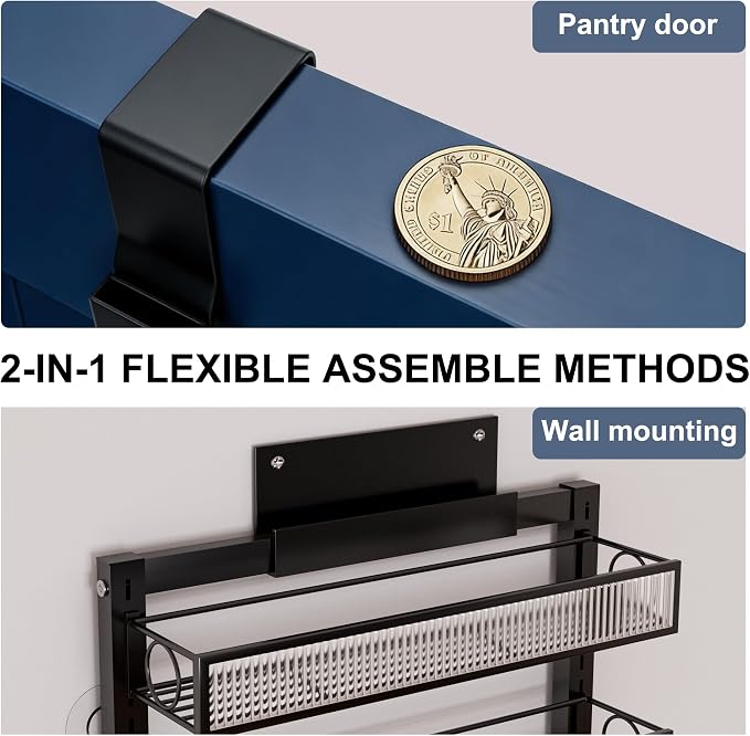 Over the Door Pantry Organizer 6 Tiers Hanging or Wall Mounted Spice Rack with Adjustable Basket,Heavy Duty Metal Seasoning Organizer Shelf for Kitchen Pantry and Bathroom