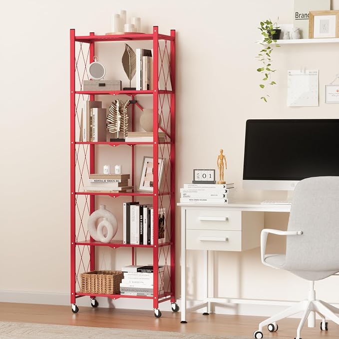 ALANNG 73.6 Inch Folding Bookshelf, 6 Tier Metal Bookcase and Bookshelves | Tall Shelves for Living Room Office Bedroom, Heavy Duty Book Shelve Free Standing Open (Red, 1PACK)