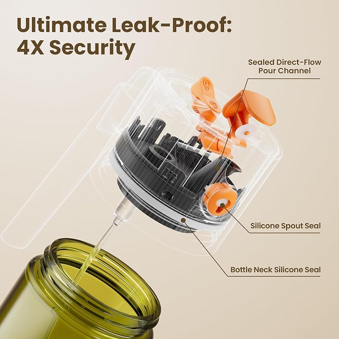 LAKUMIQI 2 in 1 Oil Sprayer & Dispenser, 17 oz Light-Blocking Glass Bottle | Large Capacity, Wide-Mouth for Easy Pouring and Cleaning, Leak-Proof Oil Bottle with Stickers for Salads, Air Fryers, BBQ
