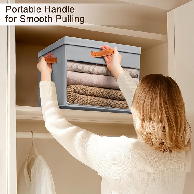 Homsorout Large Storage Bins with Lids - 4 Pack Foldable Decorative Organizers with Clear Windows & Handles, Cube Storage Organizers for Clothes, Blankets, Sweaters, Sheets, Grey