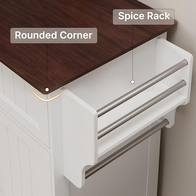 Gizoon 33" W White Kitchen Island Cart with Adjustable Shelf, | Metal Wheels, Drawer & Storage Cabinet, Spice Rack & Towel Rack, for Dining Room, Bar, Retro Wooden Countertop
