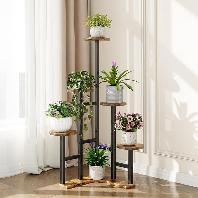 Yzosvki Corner Plant Stand Indoor, 6 Tiered Corner Plant Shelf Flower Stand for Multiple Plants, Plant Shelves Organizer Rack for Living Room, Balcony, Patio, Garden, Round Rustic Brown