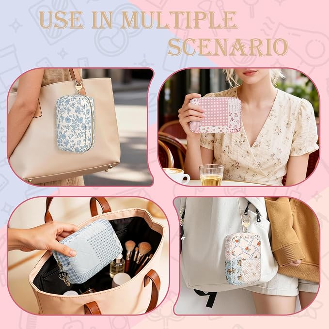 Quilted Small Makeup Bag, Multi Pockets Cosmetic Pouch, Heart Pink | Floral Travel Makeup Pouch, Make Up Pouch for Women, Purse Organizer Pouches for Travel/ Gym/ Daily Use, Perfect Gifts