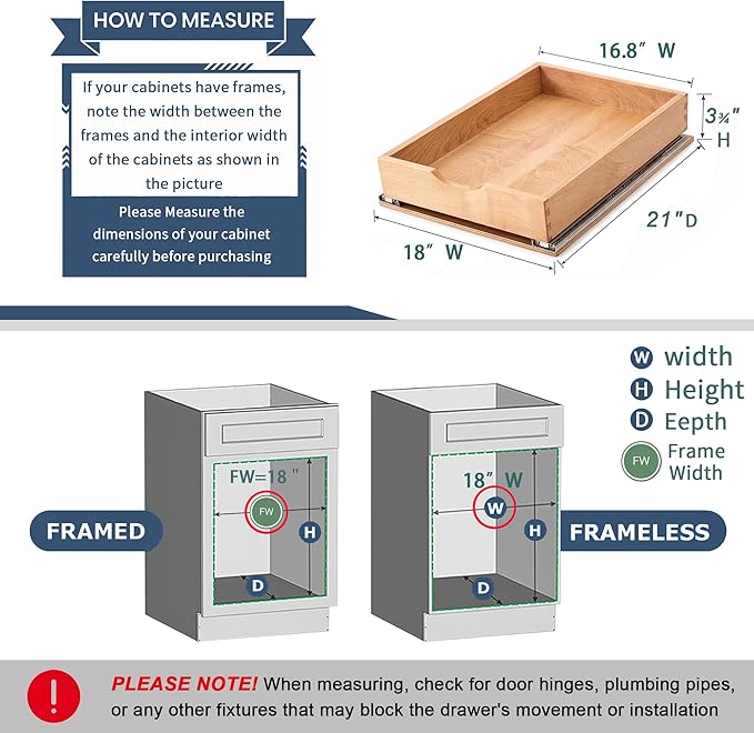 Pull Out Cabinet Drawers - 6x2 Size Options (12-23'W,18-21'D), Pre-Assembled with Soft Close Slides, Solid Beechwood, Easy Installation (18'W x 21'D)
