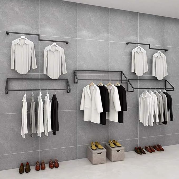 Modern Simple Men's and Women's Clothing Store Heavy Duty Metal Display Shelf,Wall-Mounted Garment Rack with Wood,Clothes Rail,Bathroom Hanging Towel Rack (Black Square Tube, B-57 L)