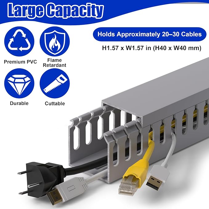 1.6"H x 1.6"W Cable Raceway, 12ft Under Desk Wire Management Channel, Black | Slotted Wire Duct, 4 Pack (3 ft Each), Heavy-Duty PVC Cable Management for Server Racks, Network Cables & Electrical Cabinets